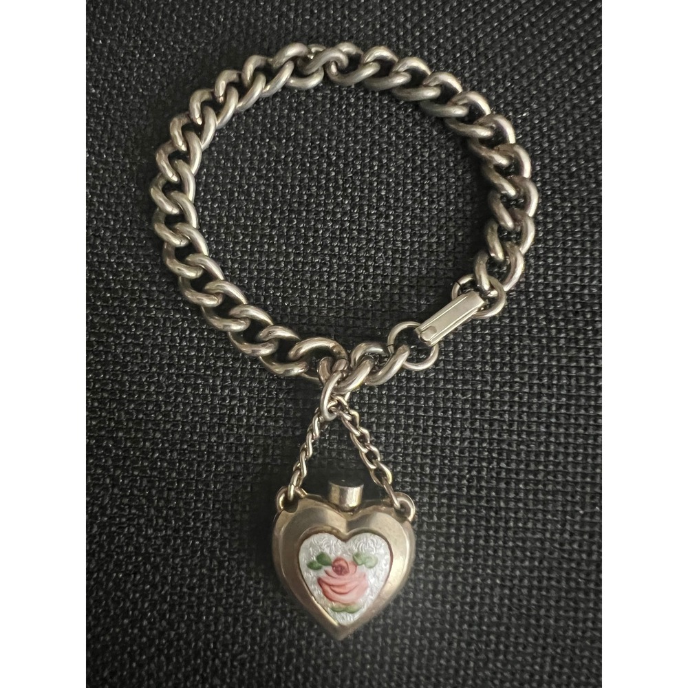 Vintage Rose Enamel Heart Perfume Bottle Charm Bracelet Silver Tone 7.5 In